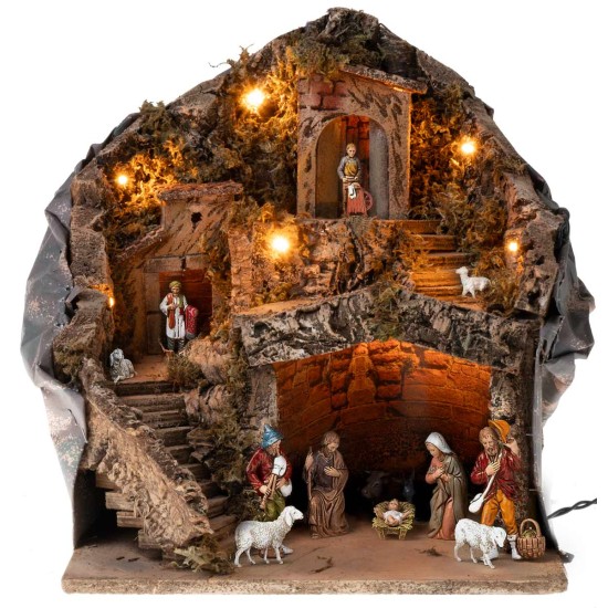 Presepe illuminato con statue Landi cm 30x23x35 h per presepe