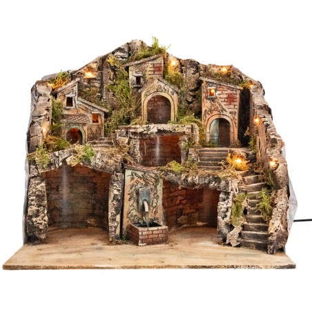 Illuminated nativity scene with electric-powered working fountain cm