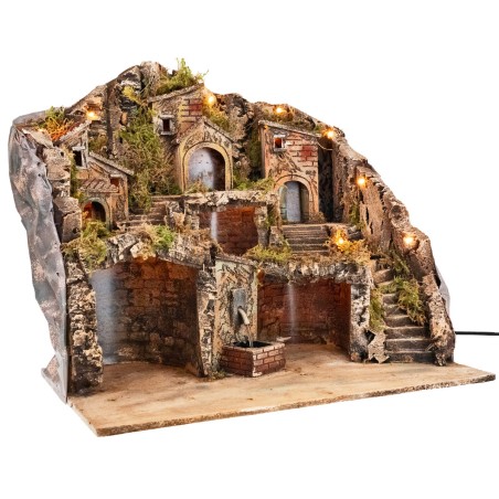 Illuminated nativity scene with electric-powered working fountain cm