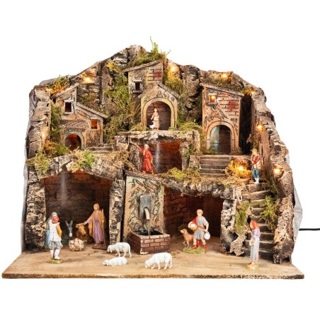 Belén iluminado con fuente con estatuas Landi cm 53,5x36x49 h