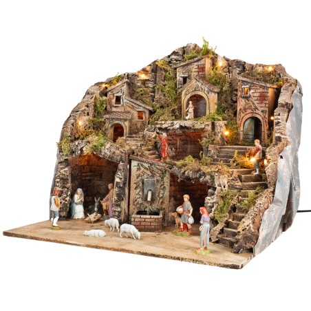Presepe illuminato con fontana con statue Landi cm 53,5x36x49 h