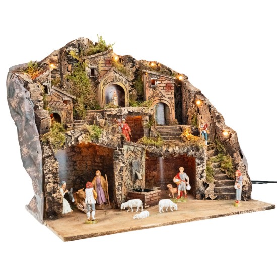 Illuminated nativity scene with fountain complete with Landi