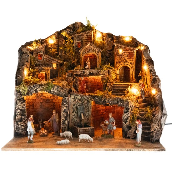 Presepe illuminato con fontana con statue Landi cm 53,5x36x49 h