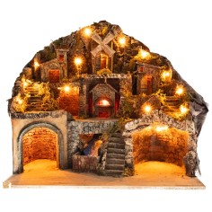 Pesebre iluminado con horno, arroyo y molino cm 60x41,5x58 h 2