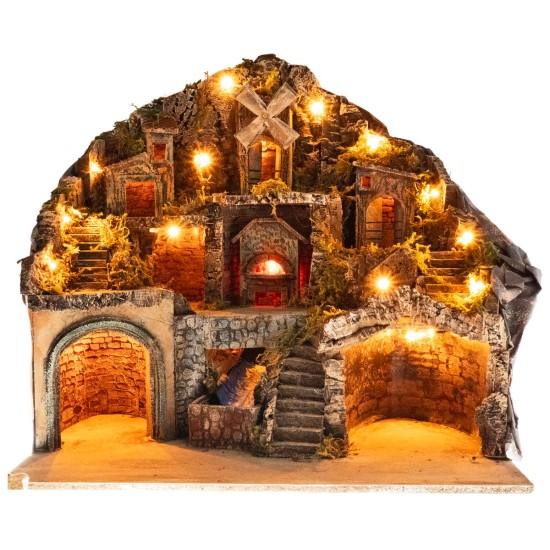 Pesebre iluminado con horno, arroyo y molino cm 60x41,5x58 h