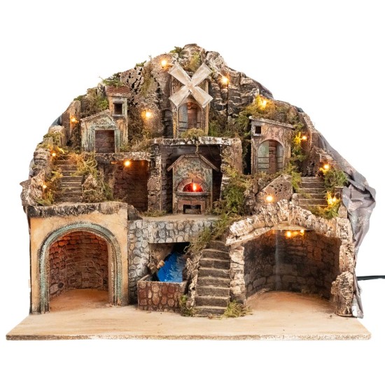 Illuminated nativity scene with oven, stream, and mill cm 60x41.5x58 h