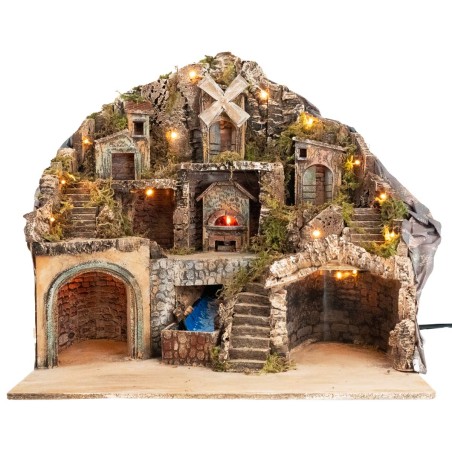 Illuminated nativity scene with oven, stream, and mill cm