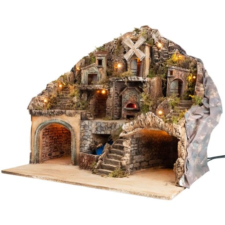 Illuminated nativity scene with oven, stream, and mill cm 60x41.5x58 h