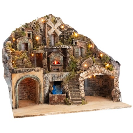 Illuminated nativity scene with oven, stream, and mill cm 60x41.5x58 h