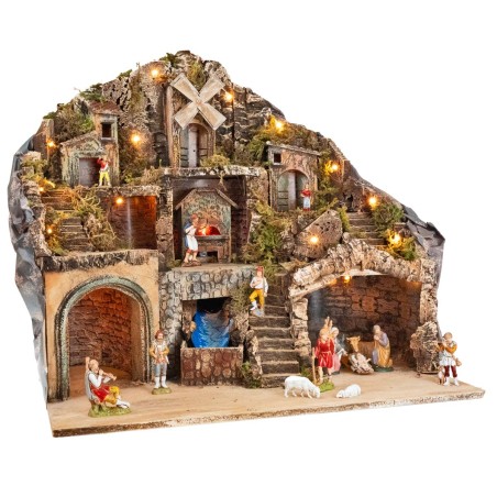Pesebre con estatuas Landi iluminado con horno, arroyo y molino