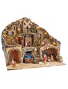 Presepe con statue Landi illuminato con forno, ruscello e