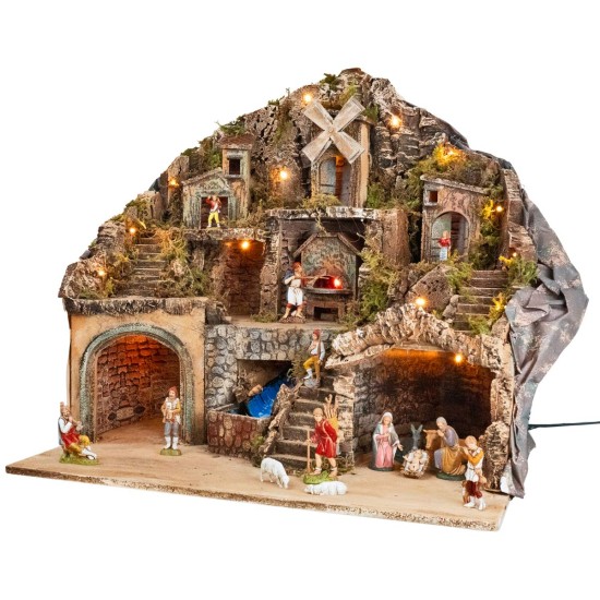 Nativity scene with Landi statues illuminated with oven, stream