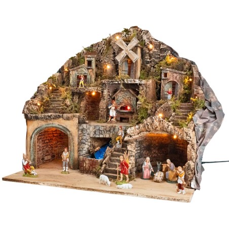 Illuminated nativity scene with oven, stream, and mill cm 60x41.5x58 h