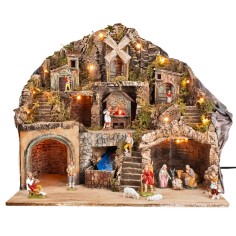 Pesebre con estatuas Landi iluminado con horno, arroyo y molino