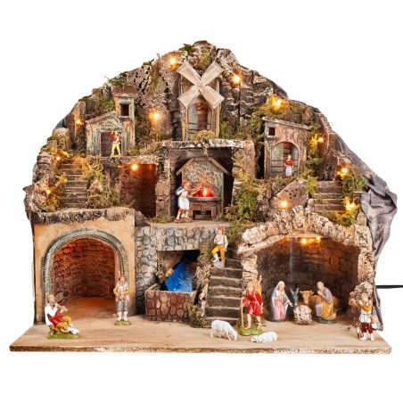 Nativity scene with Landi statues illuminated with oven, stream