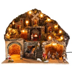 Pesebre con estatuas Landi iluminado con horno, arroyo y molino 2