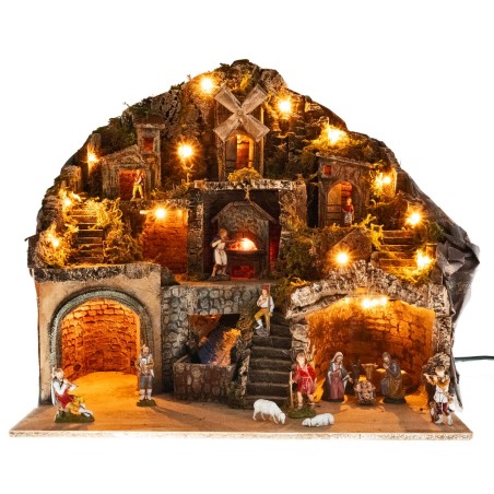 Presepe illuminato con forno, ruscello e mulino cm 60x41,5x58 h