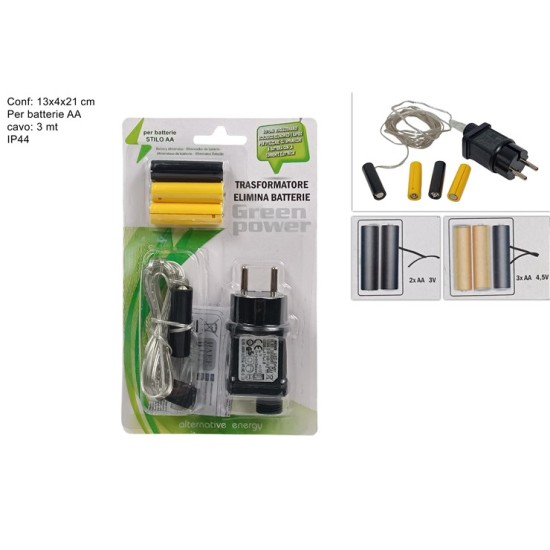 Transformador elimina baterías tipo AA con cable de 3 metros