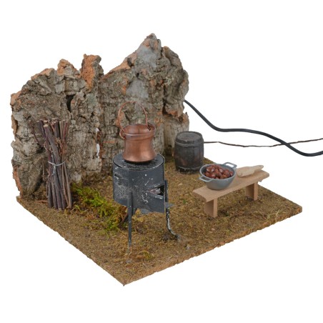 Chestnut brazier with fire and smoke nativity scene - power supply