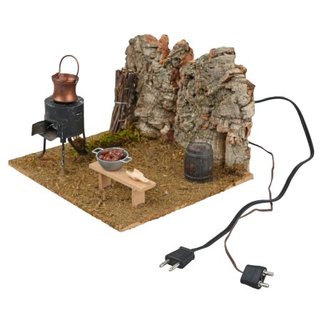 Chestnut brazier with fire and smoke nativity scene - power supply