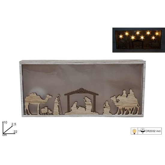 Nacimiento de madera con estrellas iluminadas a batería con pilas