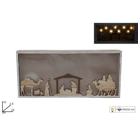Nacimiento de madera con estrellas iluminadas a batería con pilas