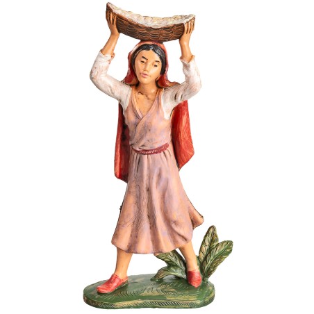 Woman with basket on head h 19.5 cm for nativity scene Mondo Presepi