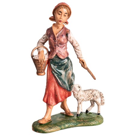 Woman with basket and little sheep h 17-18 cm for nativity scene Mondo Presepi