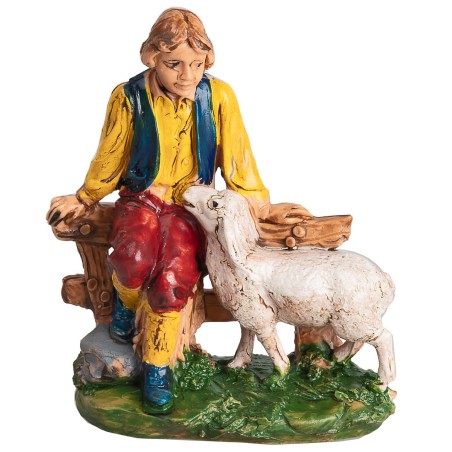 Pastore su staccionata con pecora serie 10 cm per presepe Mondo
