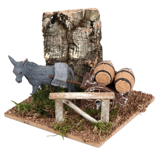 Asno con carro y barriles para pesebre cm 15x15x12,5 h para pesebre