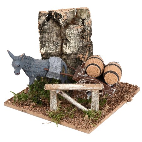 Asino con carro e botti per presepe cm 15x15x12,5 h per presepe
