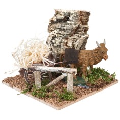 Bue con carro carico di paglia per presepe cm 15x15x12 h