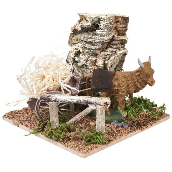 Ox with cart loaded with straw for nativity scene cm 15x15x12 h