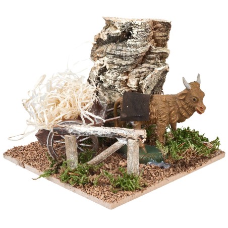 Ox with cart loaded with straw for nativity scene cm 15x15x12 h
