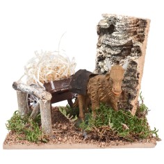 Bue con carro carico di paglia per presepe cm 15x15x12 h 2