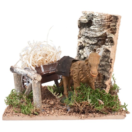 Buey con carro cargado de paja para pesebre cm 15x15x12 h para