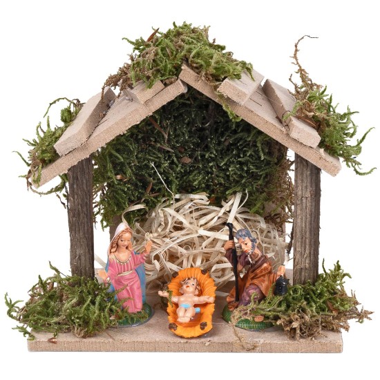 Cabaña de madera completa con natividad de 13,5x8x12 cm h