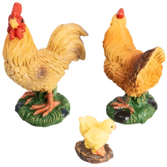 Conjunto de gallo, gallina y pollitos en resina para estatuas