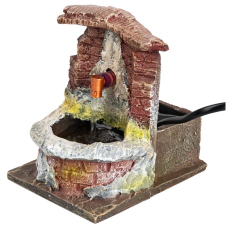 Fountain with round resin basin, working, dimensions 12x9x11.8 cm h