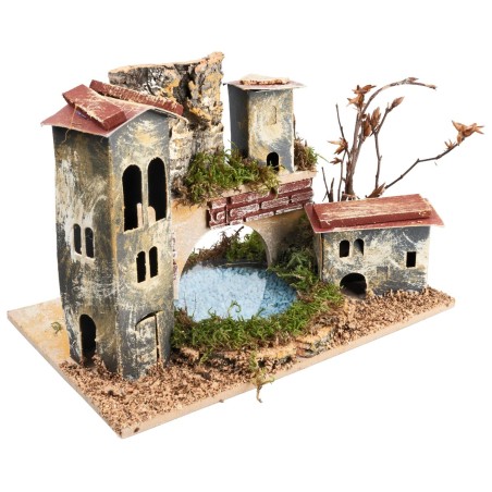 Ponte con torre e lago effetto profondità cm 24x15x12,5 h per