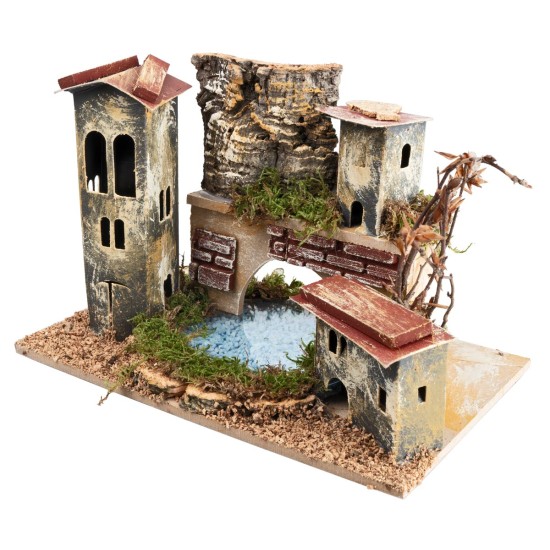 Ponte con torre e lago effetto profondità cm 24x15x12,5 h per