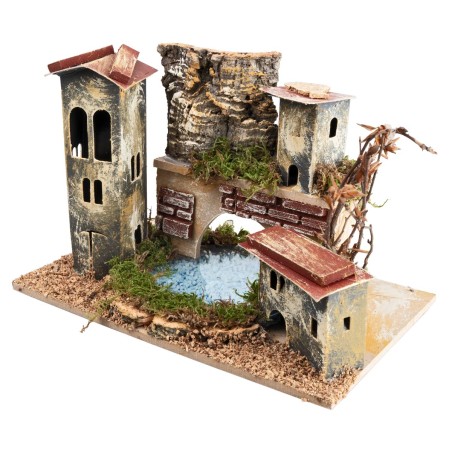 Bridge with tower and lake depth effect cm 24x15x12.5 h