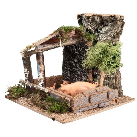 Enclosure with pigs cm 15x15x13.5 h for Nativity Scene Mondo Presepi