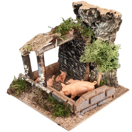 Enclosure with pigs cm 15x15x13.5 h for Nativity Scene Mondo Presepi