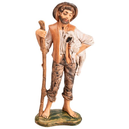 Pastore con bastone e pecorella h 17 cm per presepe Mondo