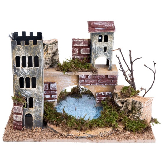 Bridge with tower and lake depth effect cm 24x15x12.5 h