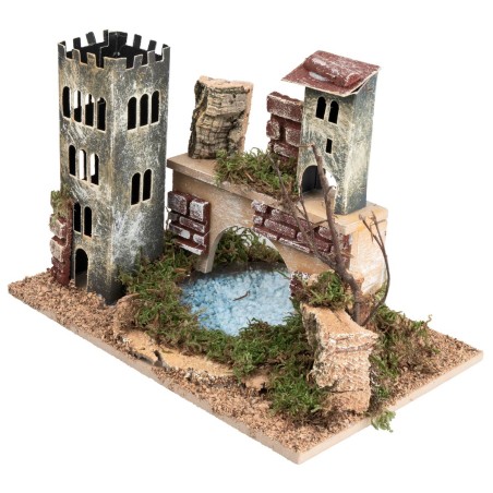 Bridge with tower and lake depth effect cm 24x15x12.5 h