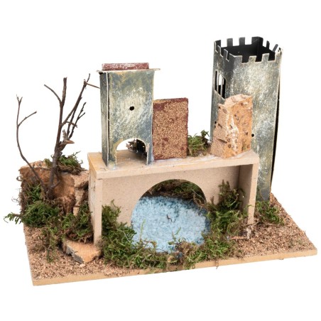 Ponte con torre e lago effetto profondità cm 24x15x12,5 h
