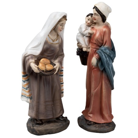 Set due donne con bambino in resina 10 cm per presepe Mondo