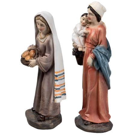 Set due donne con bambino in resina 10 cm per presepe Mondo